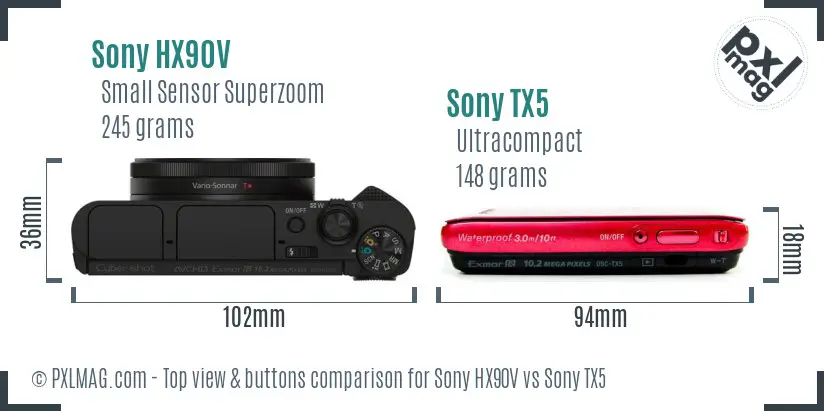 Sony HX90V vs Sony TX5 top view buttons comparison