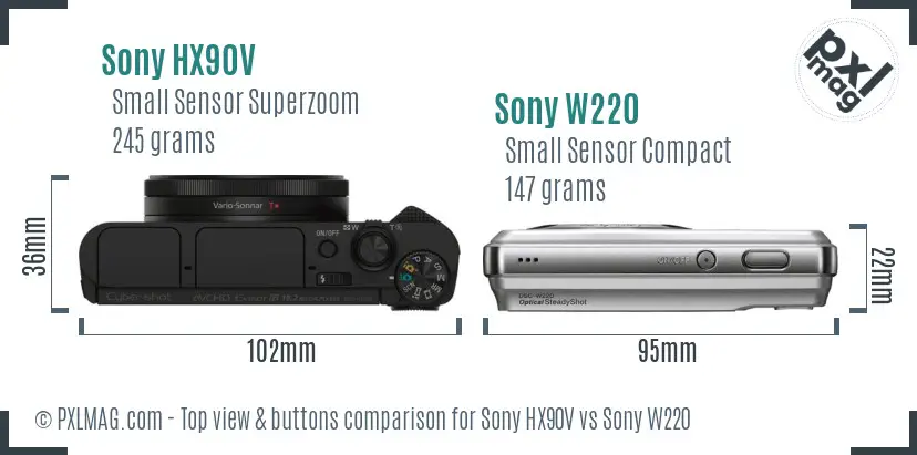Sony HX90V vs Sony W220 top view buttons comparison