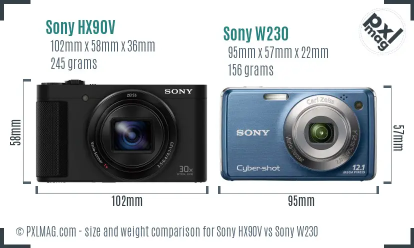 Sony HX90V vs Sony W230 size comparison