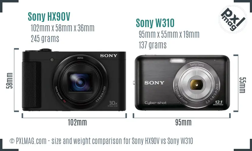 Sony HX90V vs Sony W310 size comparison