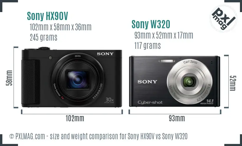 Sony HX90V vs Sony W320 size comparison