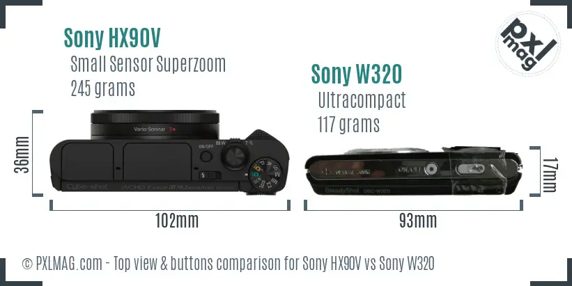 Sony HX90V vs Sony W320 top view buttons comparison
