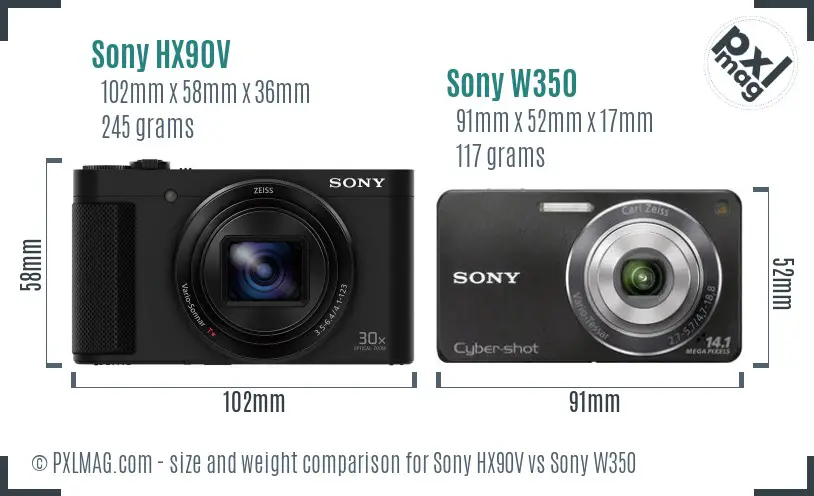 Sony HX90V vs Sony W350 size comparison