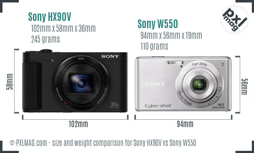 Sony HX90V vs Sony W550 size comparison