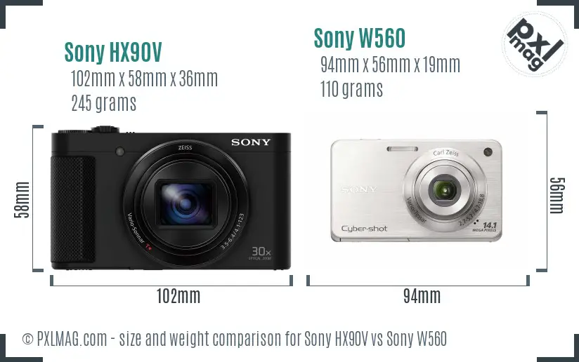 Sony HX90V vs Sony W560 size comparison