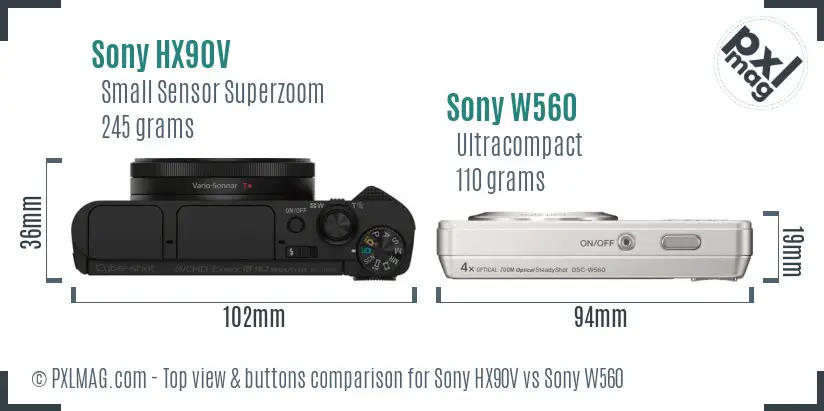 Sony HX90V vs Sony W560 top view buttons comparison
