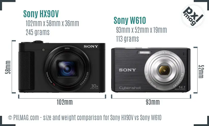Sony HX90V vs Sony W610 size comparison