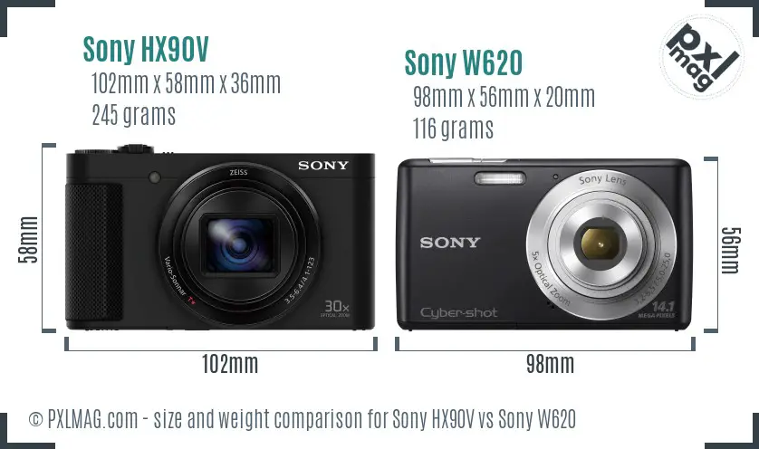 Sony HX90V vs Sony W620 size comparison