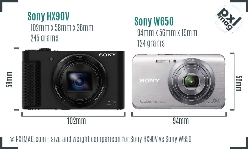 Sony HX90V vs Sony W650 size comparison