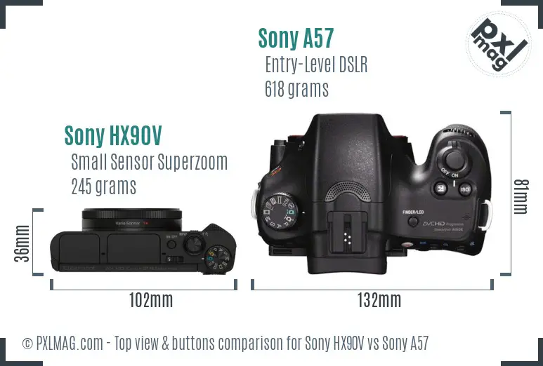 Sony HX90V vs Sony A57 top view buttons comparison