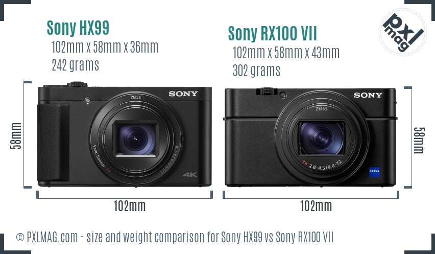 Sony HX99 vs Sony RX100 VII size comparison