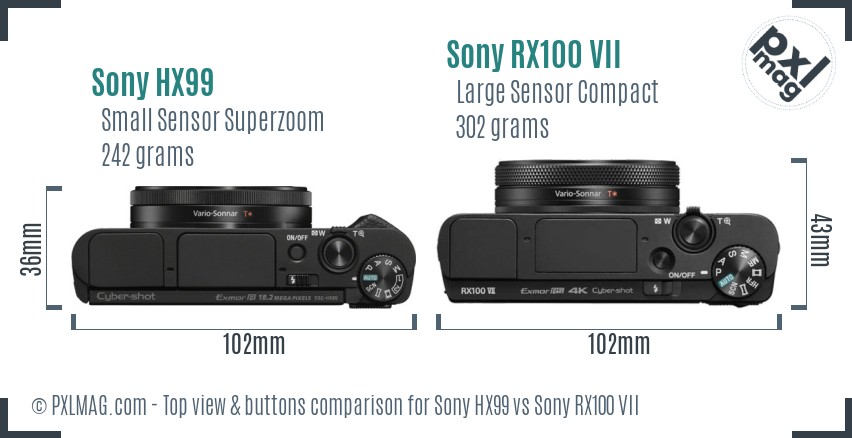 Sony HX99 vs Sony RX100 VII top view buttons comparison
