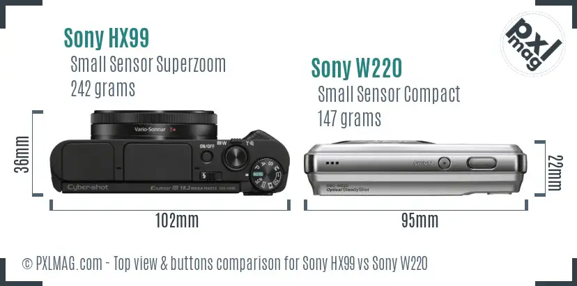 Sony HX99 vs Sony W220 top view buttons comparison Sony HX99 vs Sony W220 top view buttons comparison