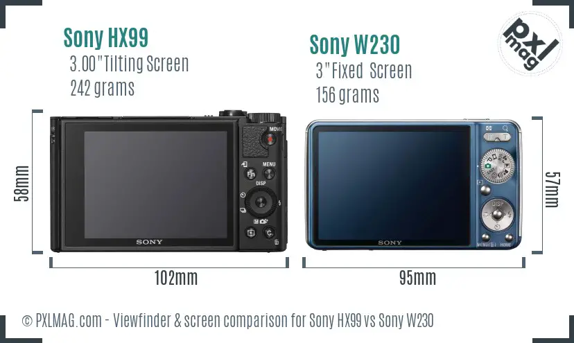 Sony HX99 vs Sony W230 Screen and Viewfinder comparison