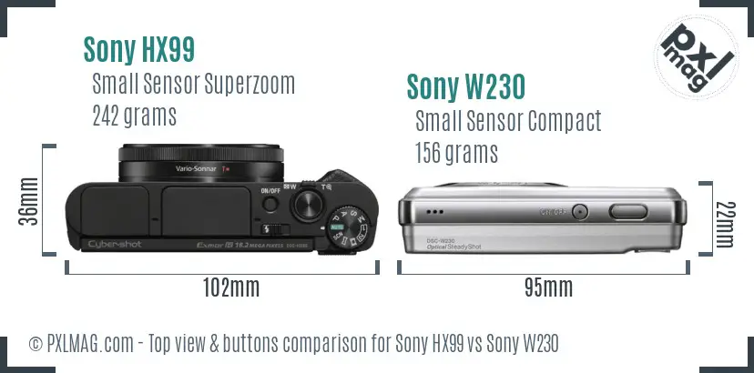 Sony HX99 vs Sony W230 top view buttons comparison