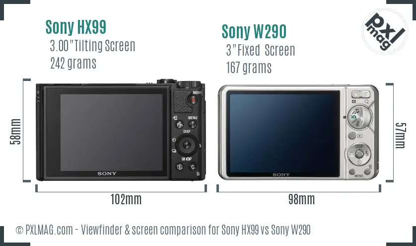 Sony HX99 vs Sony W290 Screen and Viewfinder comparison