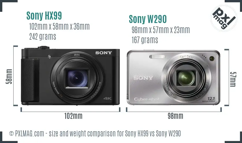 Sony HX99 vs Sony W290 size comparison