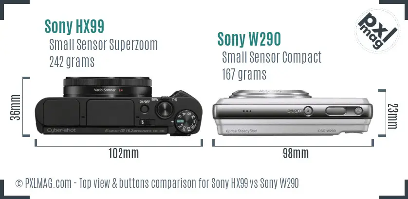 Sony HX99 vs Sony W290 top view buttons comparison