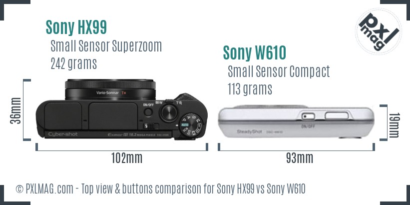 Sony HX99 vs Sony W610 top view buttons comparison