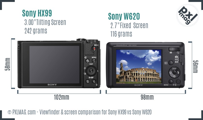 Sony HX99 vs Sony W620 Screen and Viewfinder comparison