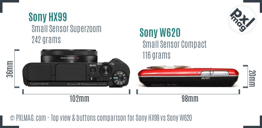 Sony HX99 vs Sony W620 top view buttons comparison