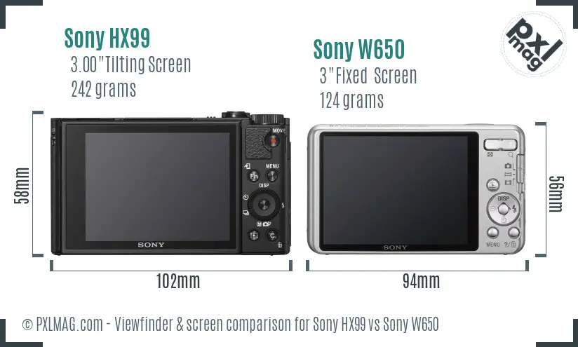 Sony HX99 vs Sony W650 Screen and Viewfinder comparison