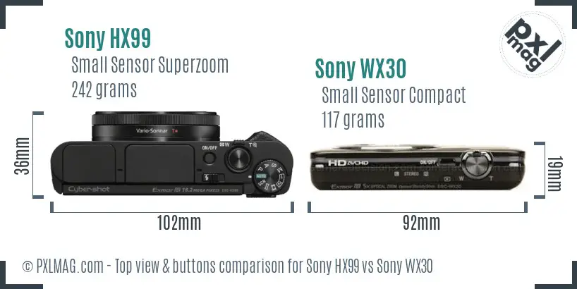 Sony HX99 vs Sony WX30 top view buttons comparison Sony HX99 vs Sony WX30 top view buttons comparison