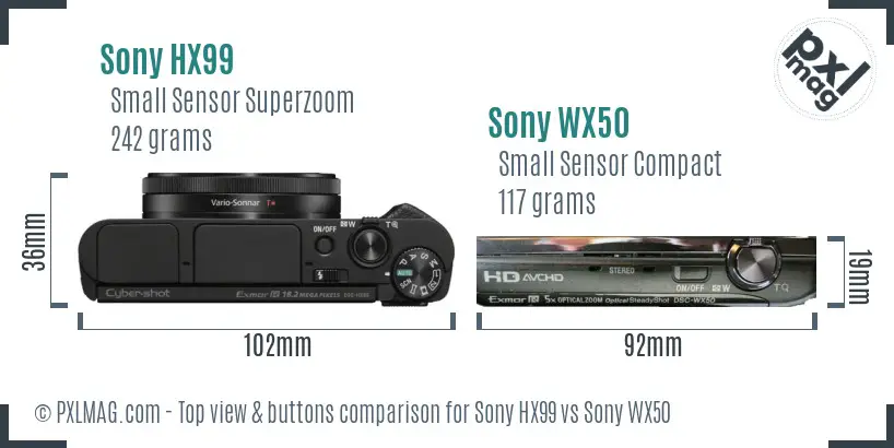 Sony HX99 vs Sony WX50 top view buttons comparison Sony HX99 vs Sony WX50 top view buttons comparison