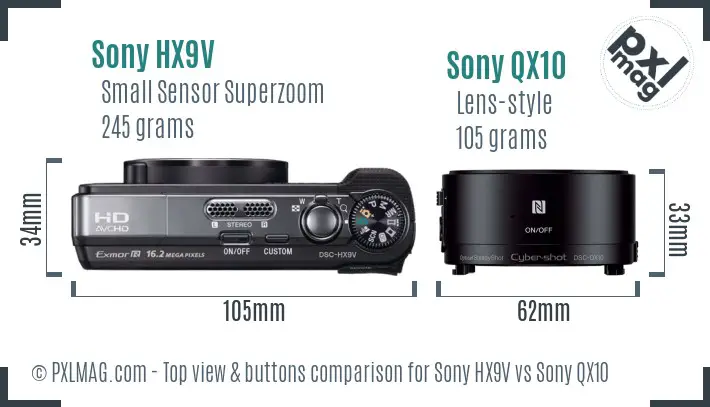 Sony HX9V vs Sony QX10 top view buttons comparison