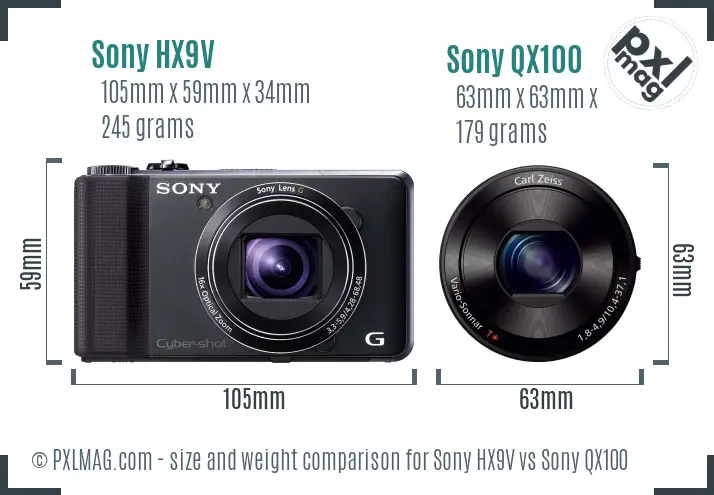 Sony HX9V vs Sony QX100 size comparison