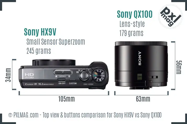 Sony HX9V vs Sony QX100 top view buttons comparison