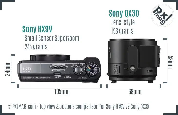 Sony HX9V vs Sony QX30 top view buttons comparison
