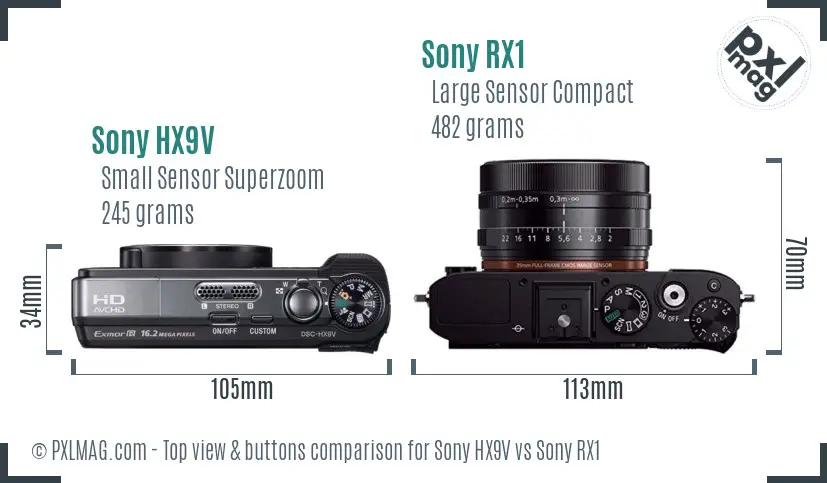 Sony HX9V vs Sony RX1 top view buttons comparison