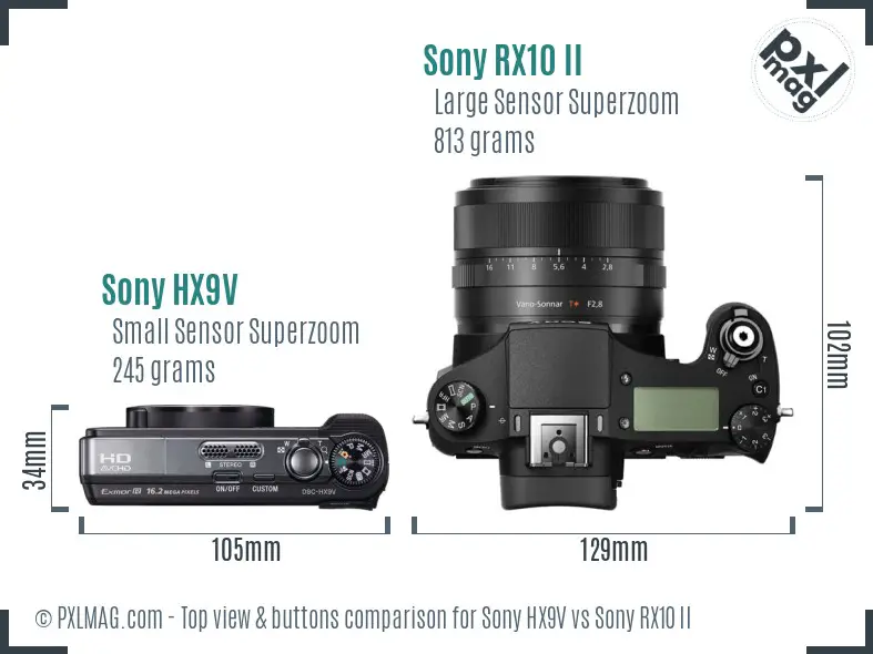 Sony HX9V vs Sony RX10 II top view buttons comparison