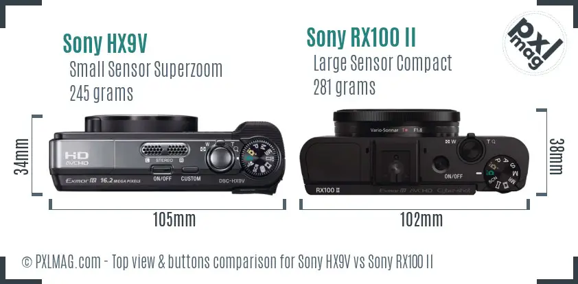 Sony HX9V vs Sony RX100 II top view buttons comparison