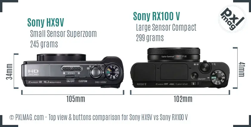 Sony HX9V vs Sony RX100 V top view buttons comparison