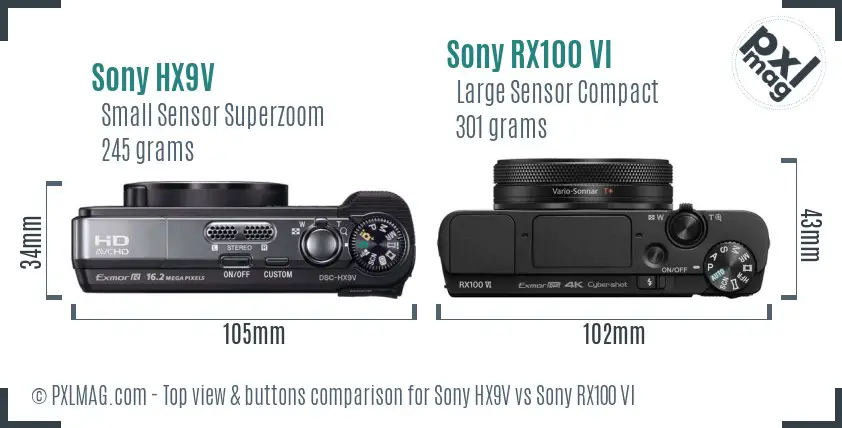 Sony HX9V vs Sony RX100 VI top view buttons comparison