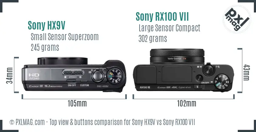 Sony HX9V vs Sony RX100 VII top view buttons comparison