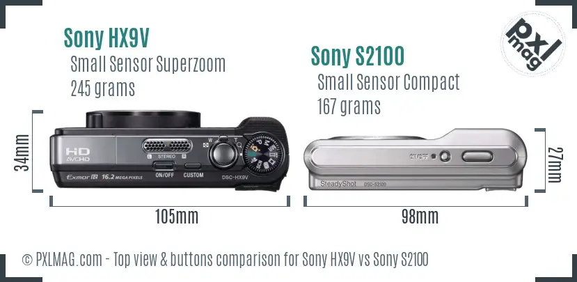 Sony HX9V vs Sony S2100 top view buttons comparison