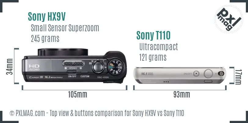 Sony HX9V vs Sony T110 top view buttons comparison