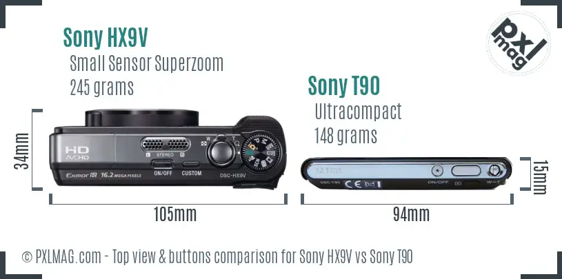 Sony HX9V vs Sony T90 top view buttons comparison