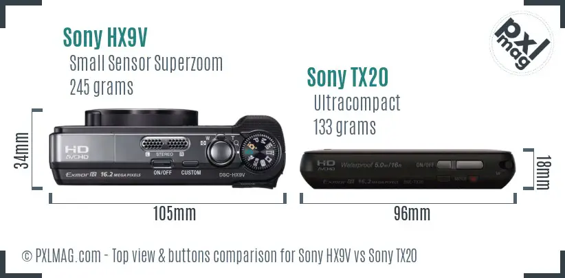 Sony HX9V vs Sony TX20 top view buttons comparison
