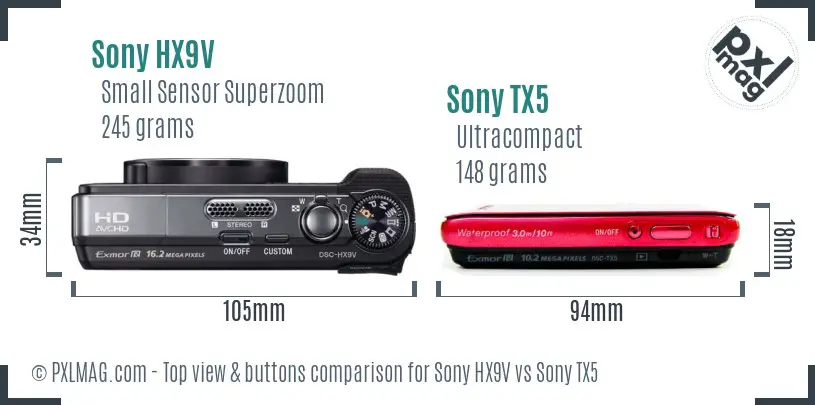 Sony HX9V vs Sony TX5 top view buttons comparison