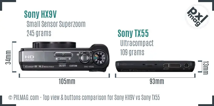 Sony HX9V vs Sony TX55 top view buttons comparison
