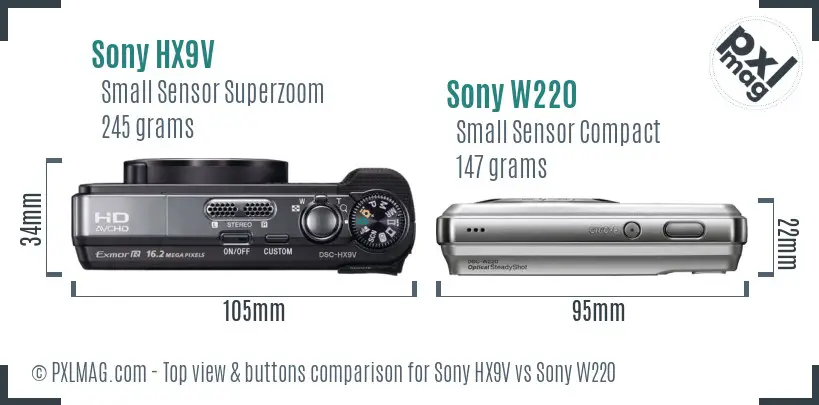 Sony HX9V vs Sony W220 top view buttons comparison