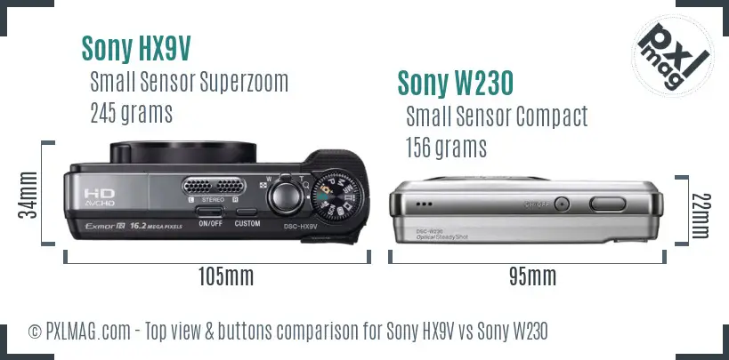 Sony HX9V vs Sony W230 top view buttons comparison