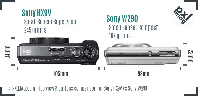 Sony HX9V vs Sony W290 top view buttons comparison