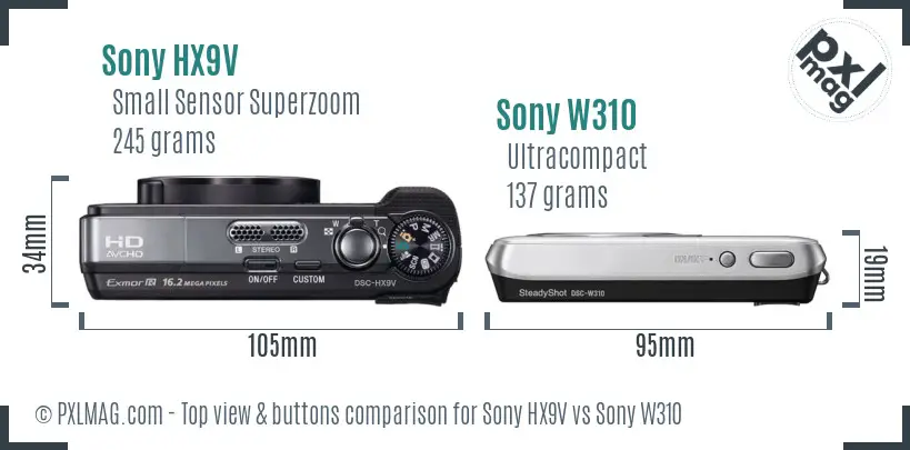 Sony HX9V vs Sony W310 top view buttons comparison
