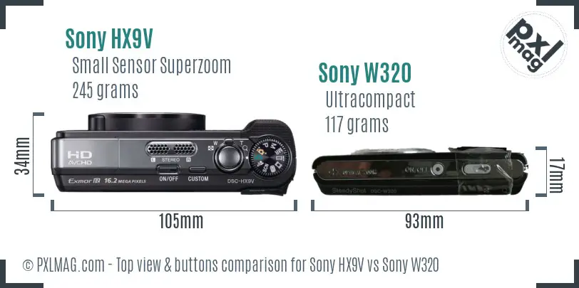 Sony HX9V vs Sony W320 top view buttons comparison
