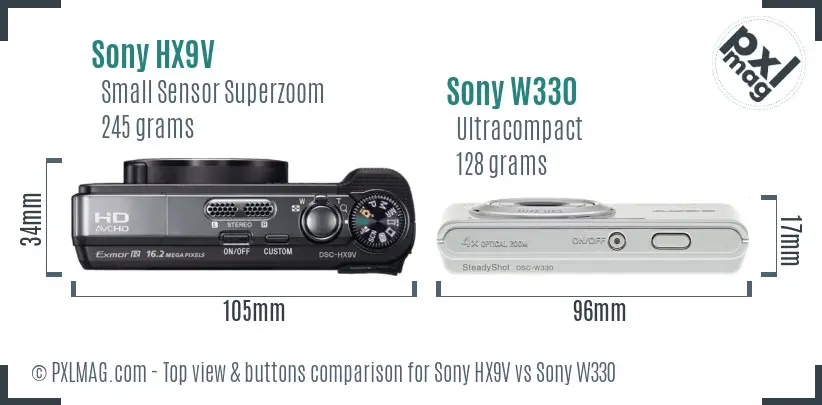Sony HX9V vs Sony W330 top view buttons comparison